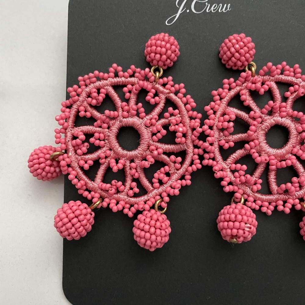 JCREW Beaded Crochet Earrings NWT OS Pink - Picture 6 of 7